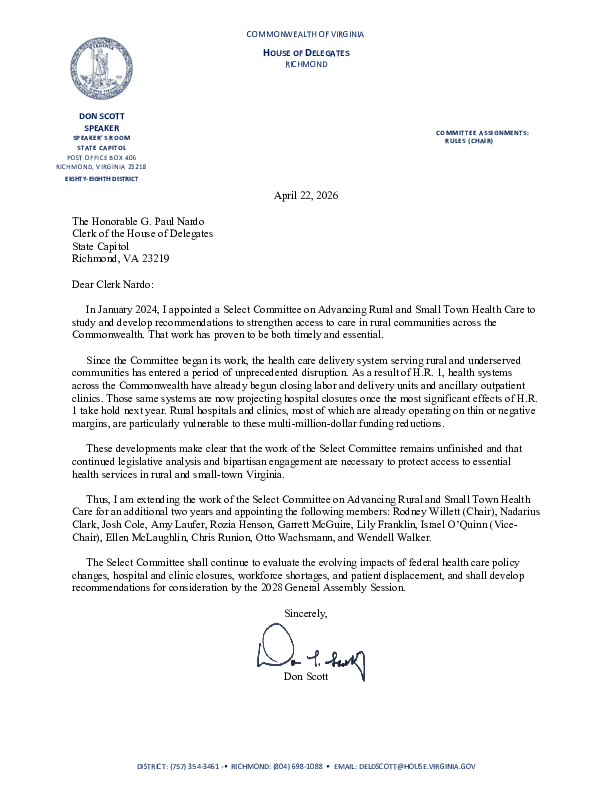 PDF preview image of Select Committee on Advancing Rural Healthcare Continuation