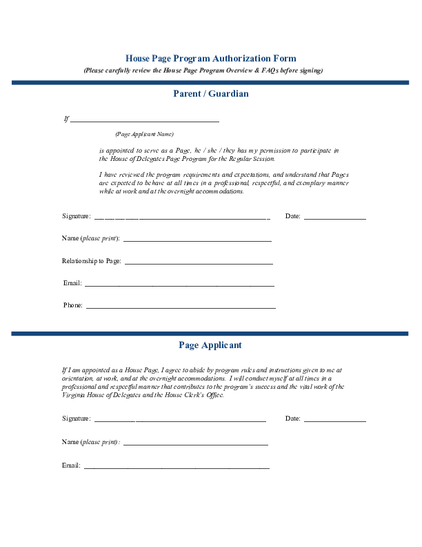 PDF preview image of House Page Program - Parent/Guardian and Page Authorization Form