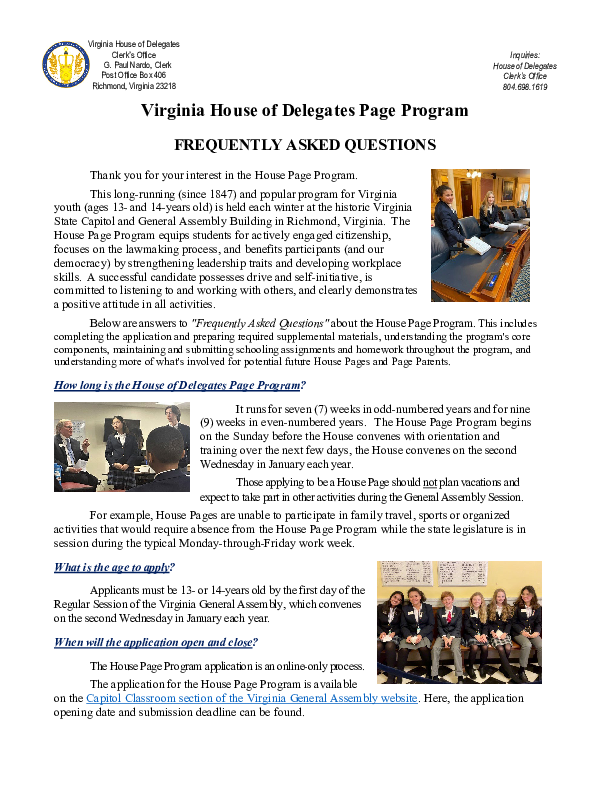 PDF preview image of House Page Program Overview & FAQs