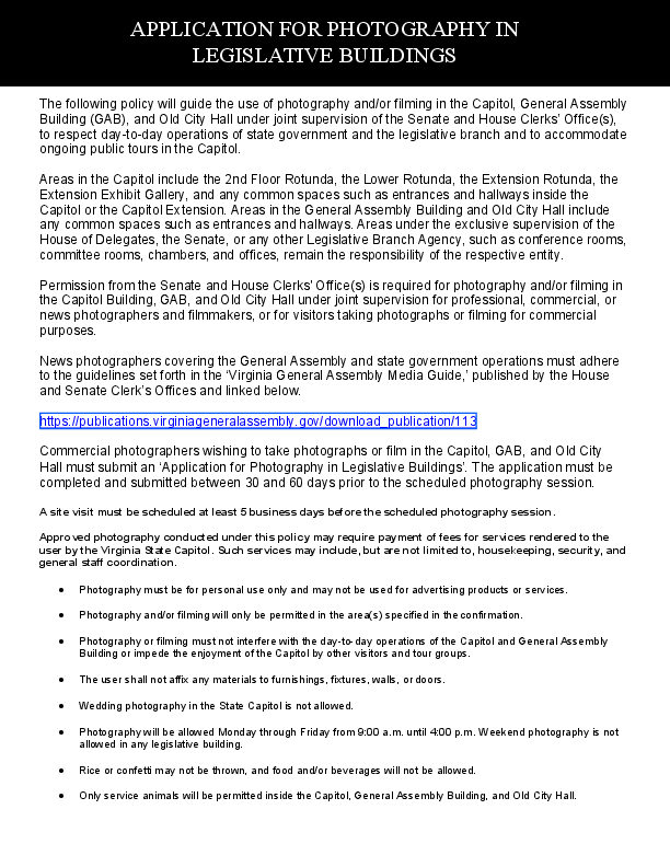 PDF preview image of Application for photography in the State Capitol